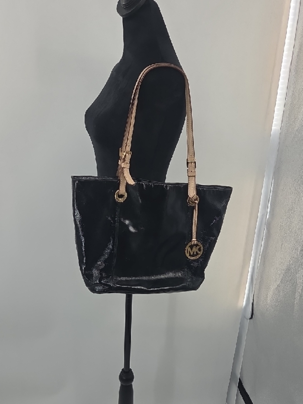 Michael Kors Black Patent Tote with Tan Straps and Gold MK Charm - Picture 12 of 16